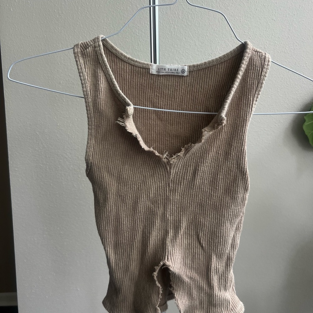12th Tribe Distressed Tan Ribbed Tank Top